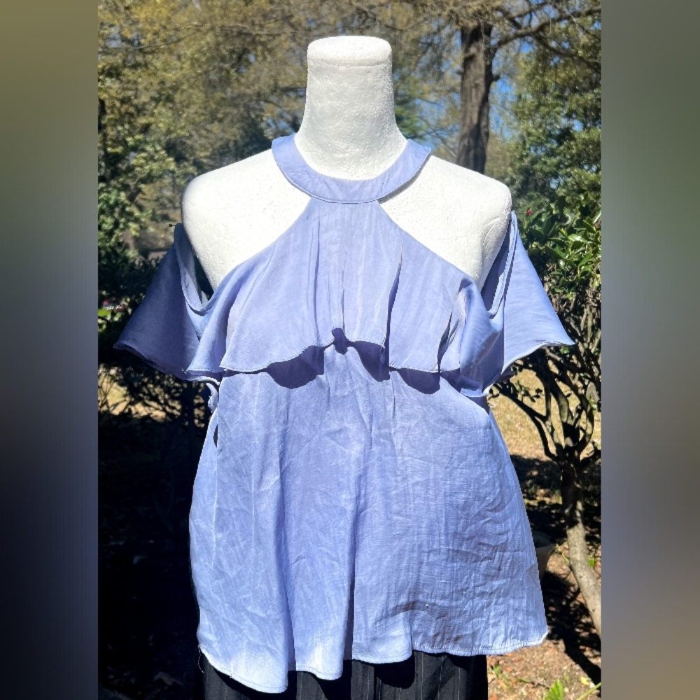 Light Blue Peekaboo Ruffle Around of the top. Choker Style Blouse Sz M